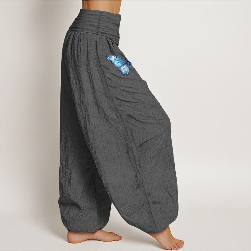 Buddha Stones Pantalon harem pour femme en pur coton à motif papillon et lotus, taille élastique. - image 10