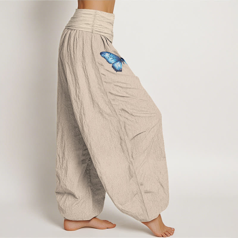 Buddha Stones Pantalon harem pour femme en pur coton à motif papillon et lotus, taille élastique. - image 13