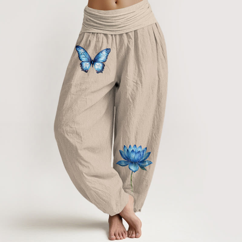 Buddha Stones Pantalon harem pour femme en pur coton à motif papillon et lotus, taille élastique. - Tanné - US16，UK/AU20，EU48 (3XL) - image 11