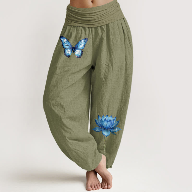 Buddha Stones Pantalon harem pour femme en pur coton à motif papillon et lotus, taille élastique. - Vert olive - US16，UK/AU20，EU48 (3XL) - image 14
