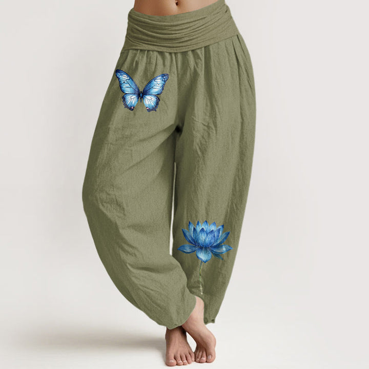 Buddha Stones Pantalon harem pour femme en pur coton à motif papillon et lotus, taille élastique. - Vert olive - US16，UK/AU20，EU48 (3XL) - image 14