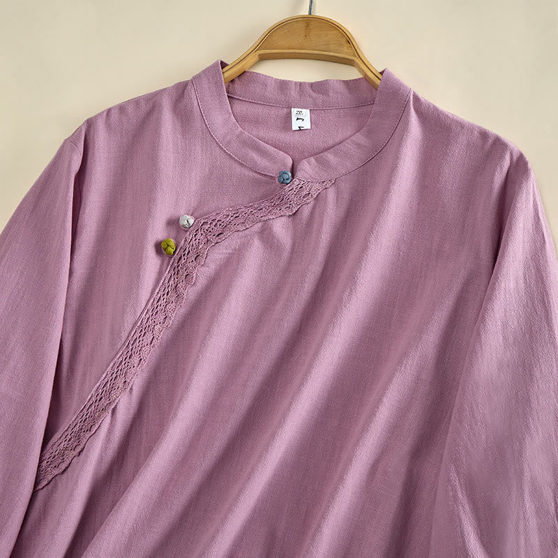Buddha Stones Chemise en coton unie à col rond et manches longues avec boutons brandebourg pour femme - image 10