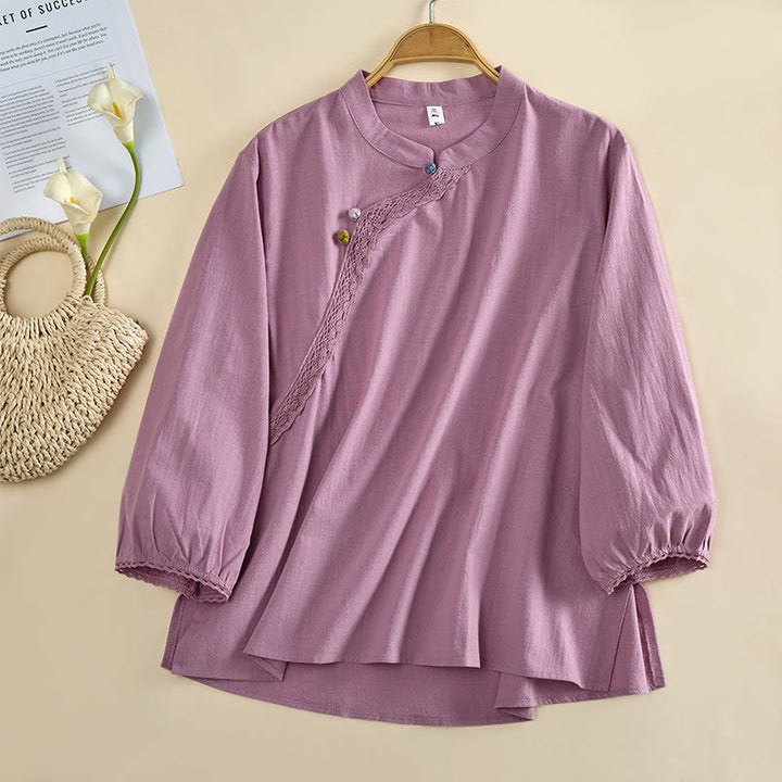 Buddha Stones Chemise en coton unie à col rond et manches longues avec boutons brandebourg pour femme - image 8
