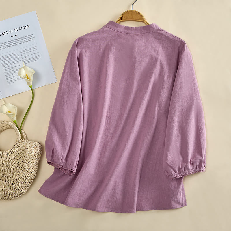 Buddha Stones Chemise en coton unie à col rond et manches longues avec boutons brandebourg pour femme - image 9