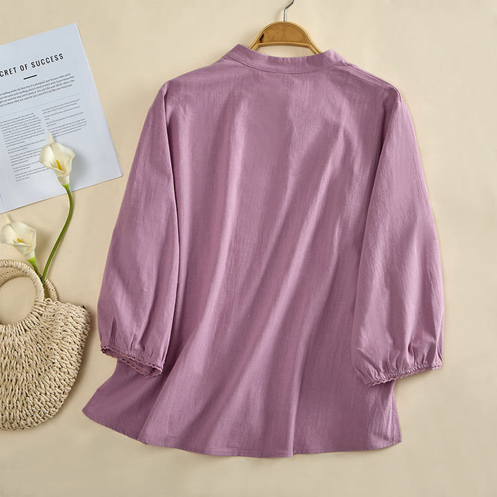Buddha Stones Chemise en coton unie à col rond et manches longues avec boutons brandebourg pour femme - image 9