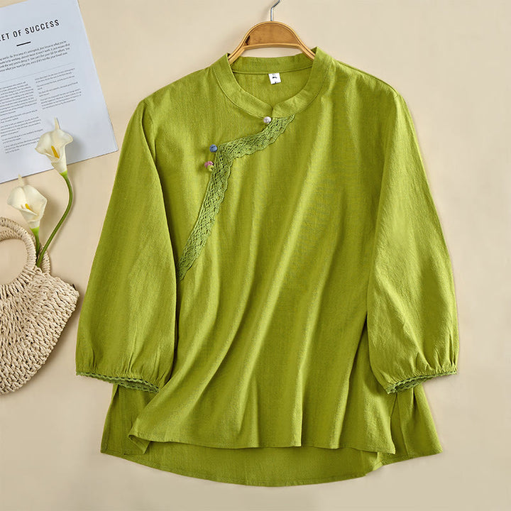 Buddha Stones Chemise en coton unie à col rond et manches longues avec boutons brandebourg pour femme - JauneVert - US8-10，UK/AU12-14，EU40-42 (2XL) - image 0