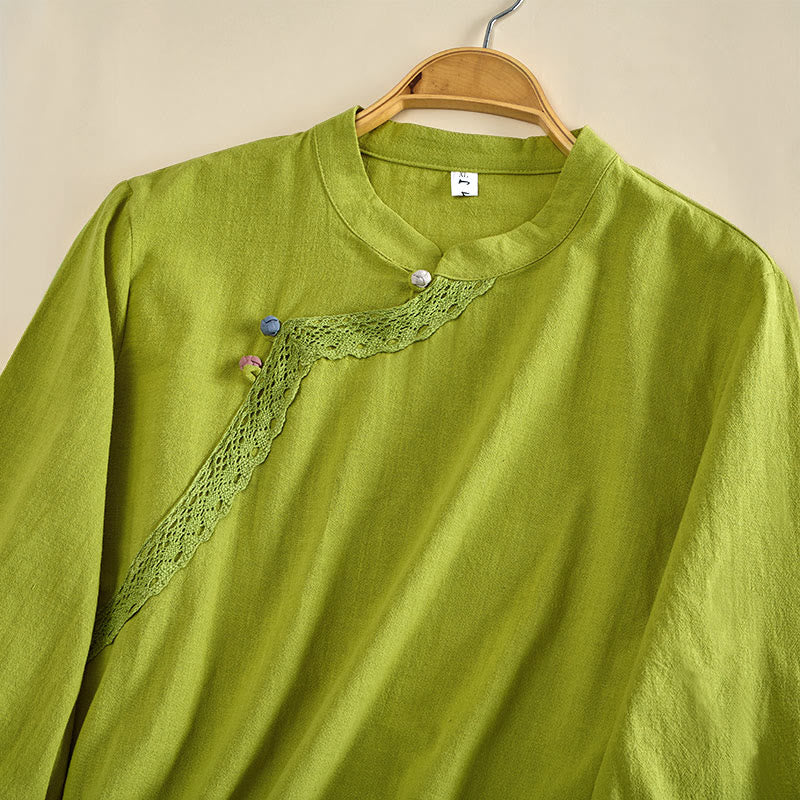 Buddha Stones Chemise en coton unie à col rond et manches longues avec boutons brandebourg pour femme - image 2