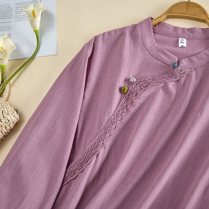 Buddha Stones Chemise en coton unie à col rond et manches longues avec boutons brandebourg pour femme - image 11