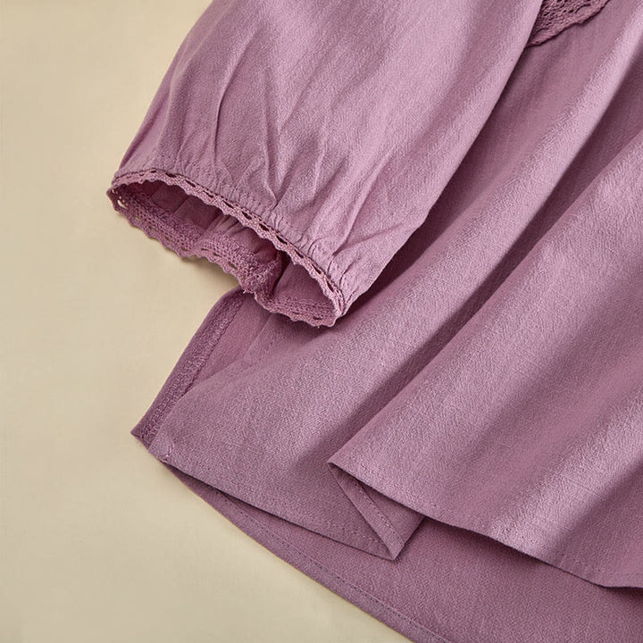Buddha Stones Chemise en coton unie à col rond et manches longues avec boutons brandebourg pour femme - image 14