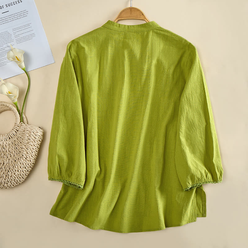 Buddha Stones Chemise en coton unie à col rond et manches longues avec boutons brandebourg pour femme - image 1
