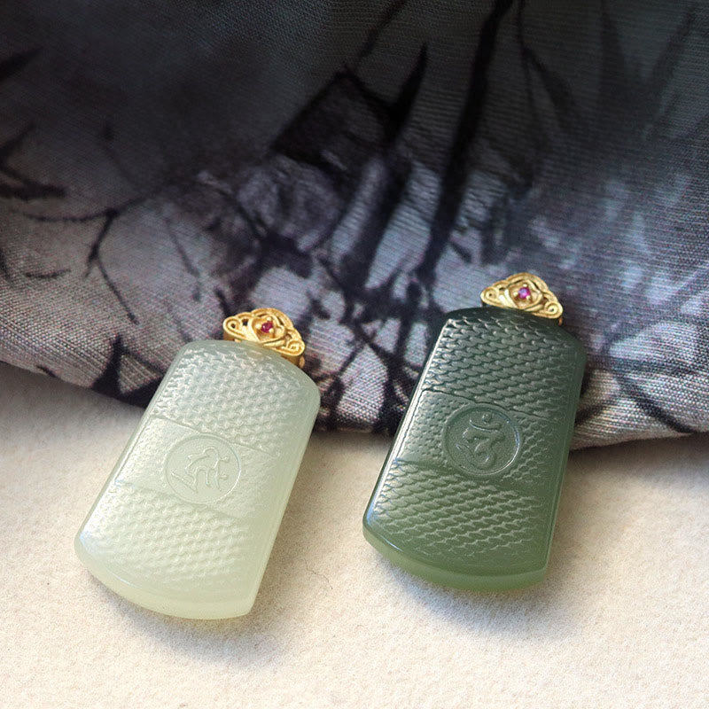 Buddha Stones Pendentif en jade Hetian et argent sterling 925, symbole Om de prospérité - image 9