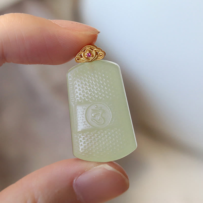 Buddha Stones Pendentif en jade Hetian et argent sterling 925, symbole Om de prospérité - image 2