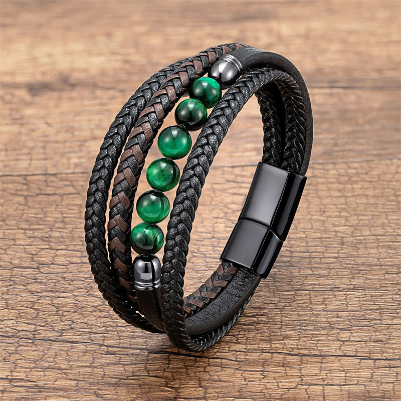 Bracelet en cuir positif Buddha Stones, œil de tigre, roche de lave, onyx noir, lazurite, lapis-lazuli et hématite - Œil de tigre vert - 18-22 cm - image 0