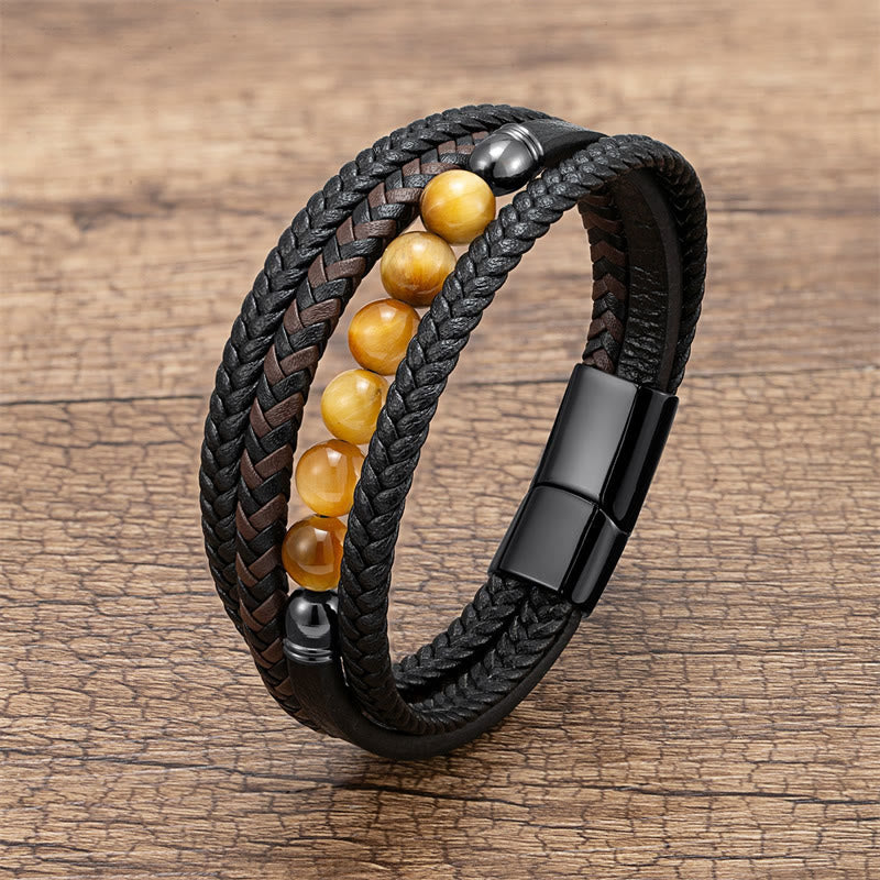 Bracelet en cuir positif Buddha Stones, œil de tigre, roche de lave, onyx noir, lazurite, lapis-lazuli et hématite - Œil de tigre jaune - 18-22 cm - image 5
