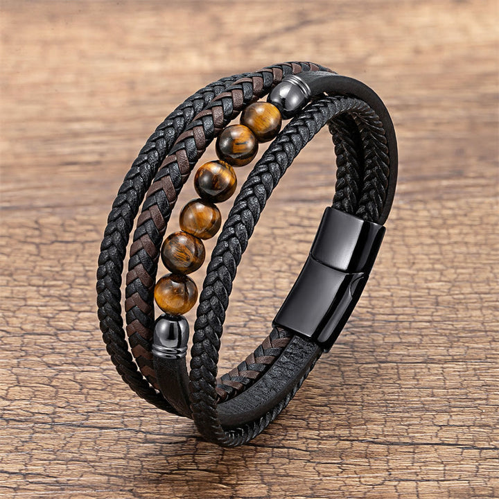 Bracelet en cuir positif Buddha Stones, œil de tigre, roche de lave, onyx noir, lazurite, lapis-lazuli et hématite - Œil de tigre - 18-22 cm - image 14