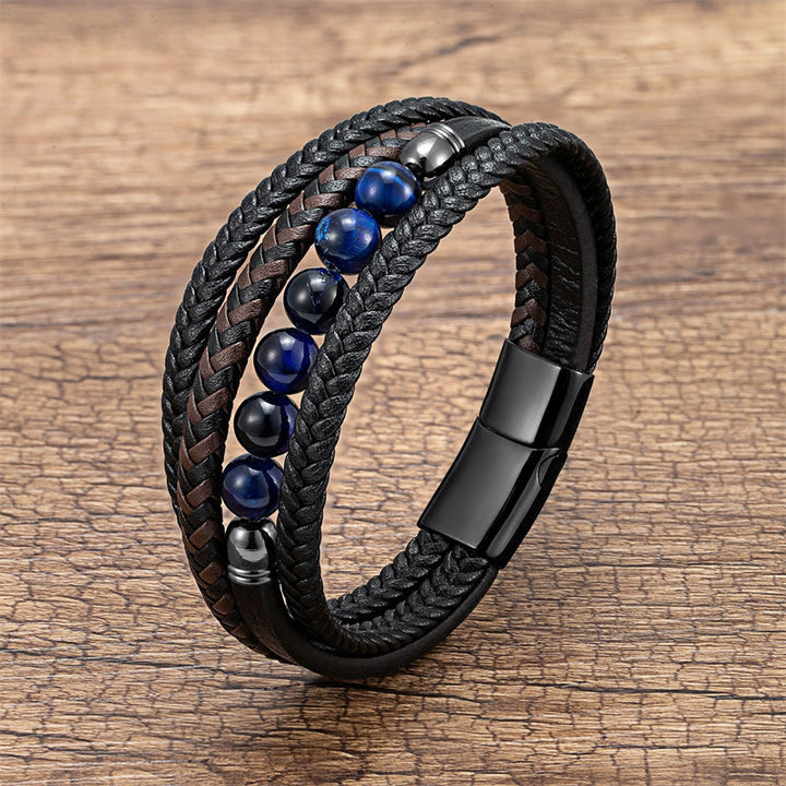 Bracelet en cuir positif Buddha Stones, œil de tigre, roche de lave, onyx noir, lazurite, lapis-lazuli et hématite - Œil de tigre bleu - 18-22 cm - image 15