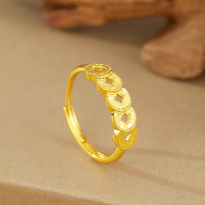 Buddha Stones Bague, bracelet, collier et pendentif de protection en argent sterling 925 orné des cinq pièces de l'empereur - Bague dorée (ajustable) - image 13