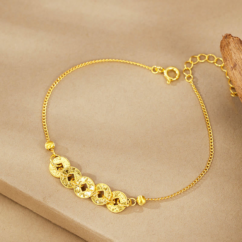 Buddha Stones Bague, bracelet, collier et pendentif de protection en argent sterling 925 orné des cinq pièces de l'empereur - Bracelet doré (Tour de poignet : 14-18 cm) - image 8