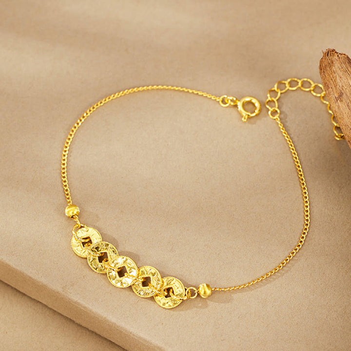 Buddha Stones Bague, bracelet, collier et pendentif de protection en argent sterling 925 orné des cinq pièces de l'empereur - Bracelet doré (Tour de poignet : 14-18 cm) - image 8