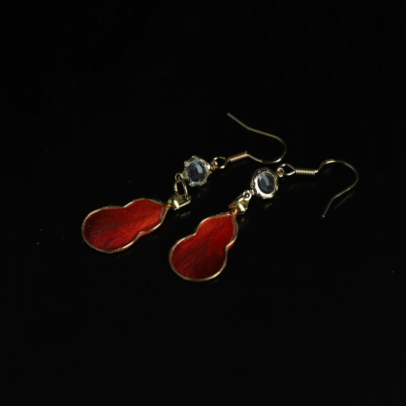 Buddha Stones Boucles d'oreilles crochet en verre et soie rouge artisanales, porte-bonheur, en forme de calebasse. - image 4