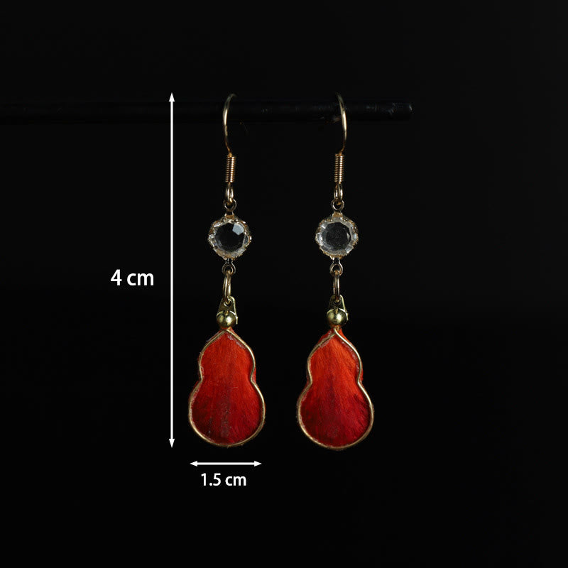 Buddha Stones Boucles d'oreilles crochet en verre et soie rouge artisanales, porte-bonheur, en forme de calebasse. - image 6