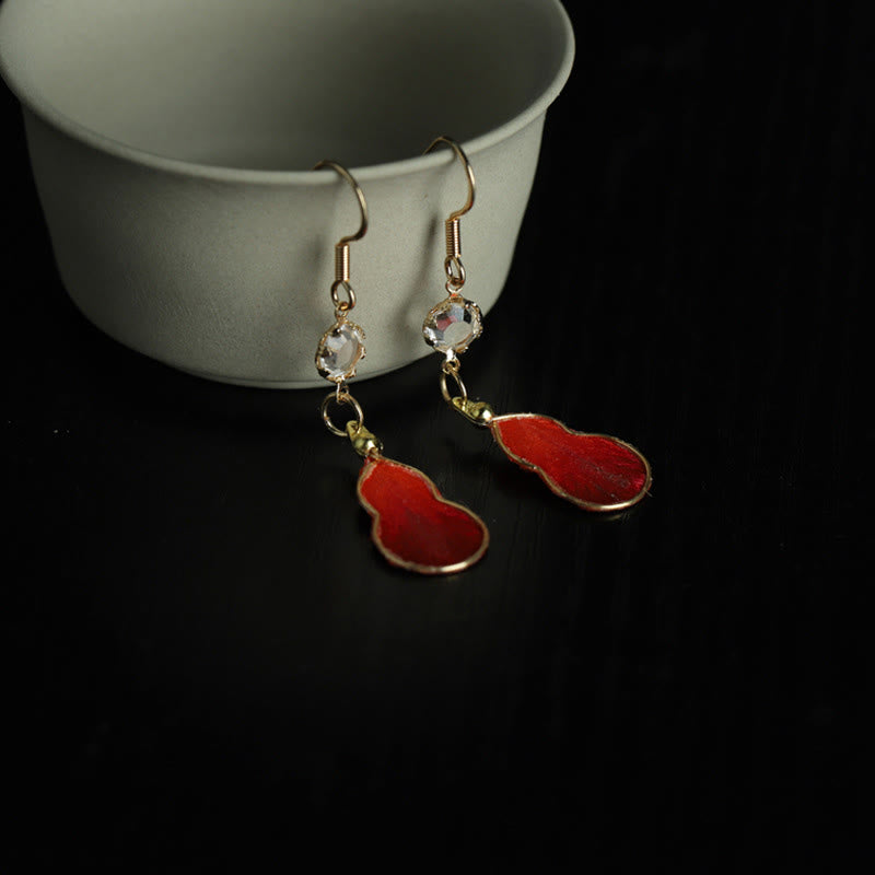 Buddha Stones Boucles d'oreilles crochet en verre et soie rouge artisanales, porte-bonheur, en forme de calebasse. - image 5