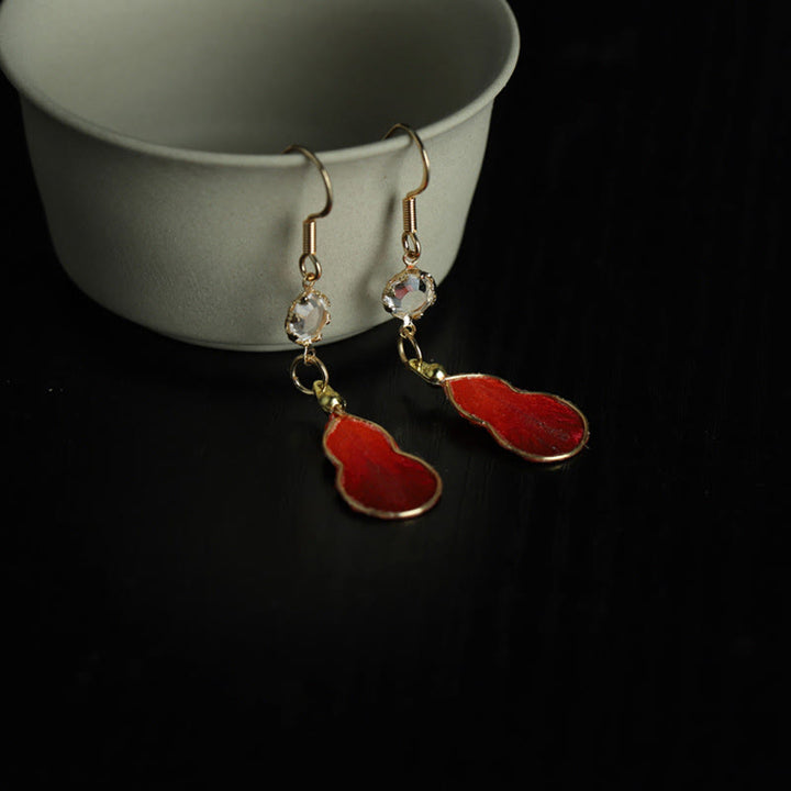 Buddha Stones Boucles d'oreilles crochet en verre et soie rouge artisanales, porte-bonheur, en forme de calebasse. - image 5