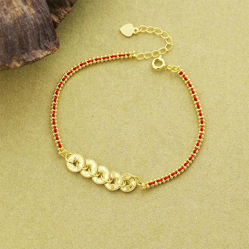 Buddha Stones Bracelet d'équilibre en argent sterling 925 avec cinq pièces d'empereur et cordon rouge - Argent sterling 925 (Tour de poignet : 14-18 cm) - image 0