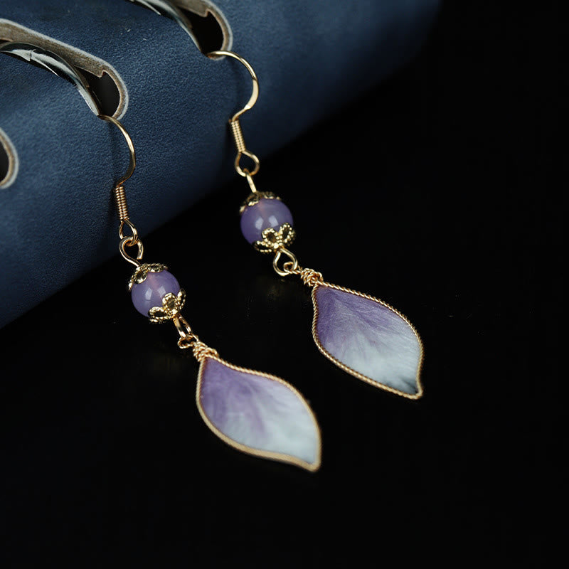 Buddha Stones Boucles d'oreilles pendantes en soie, faites main, à pétales dégradés violets, symbole de bénédiction. - image 3