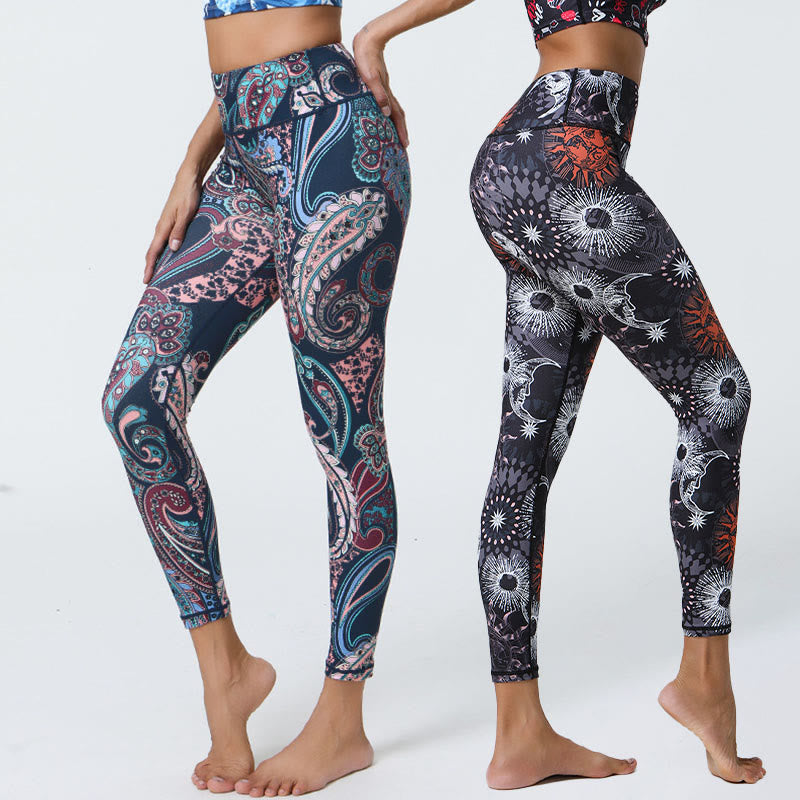 Buddha Stones Fleurs Plumes Soleil Lune Imprimé Sports Fitness Yoga Taille Haute Leggings Pantalons Femme - image 0