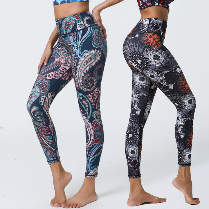 Buddha Stones Fleurs Plumes Soleil Lune Imprimé Sports Fitness Yoga Taille Haute Leggings Pantalons Femme - image 0