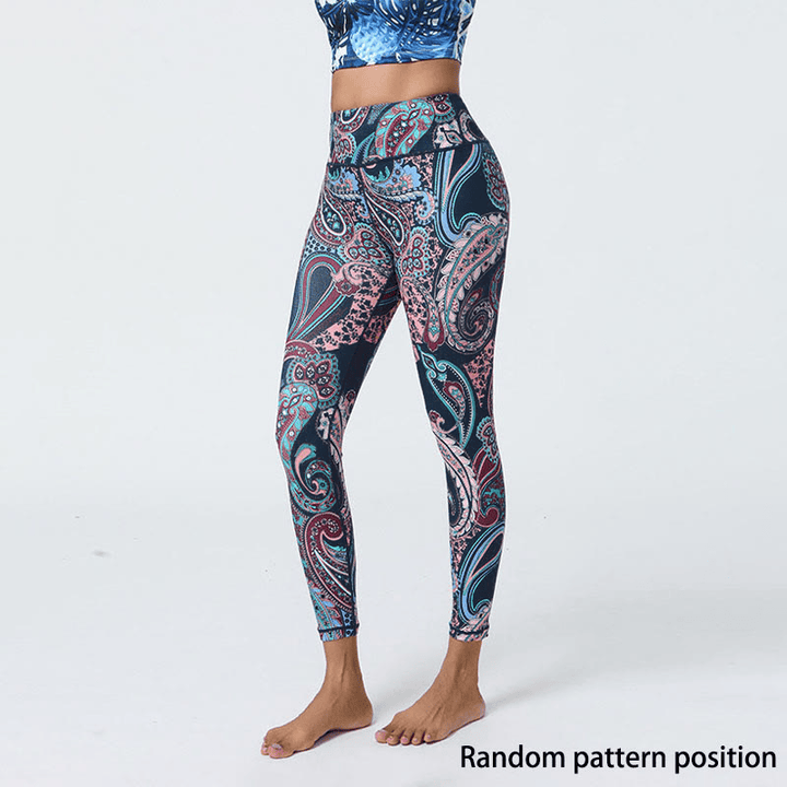 Buddha Stones Fleurs Plumes Soleil Lune Imprimé Sports Fitness Yoga Taille Haute Leggings Pantalons Femme - Plumes bleu foncé - US12，UK/AU16，EU44 (XL) - image 1