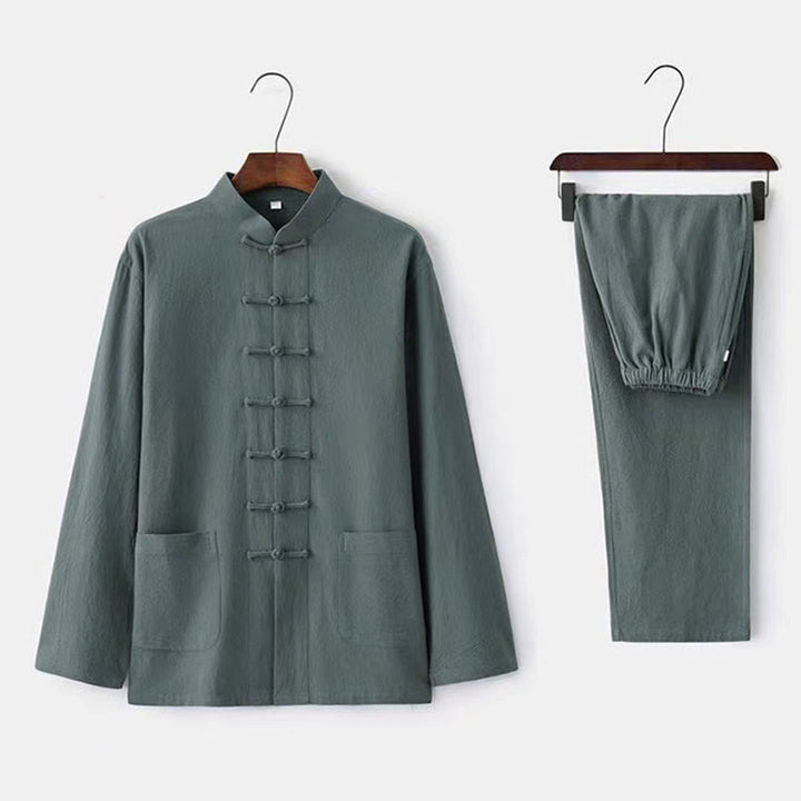 Ensemble pour homme 2 pièces Buddha Stones Tang : chemise à manches longues et pantalon, uniforme traditionnel à boutons griffés. - CadetBlue - US/UK/AU44，EU54 (5XL) - image 4