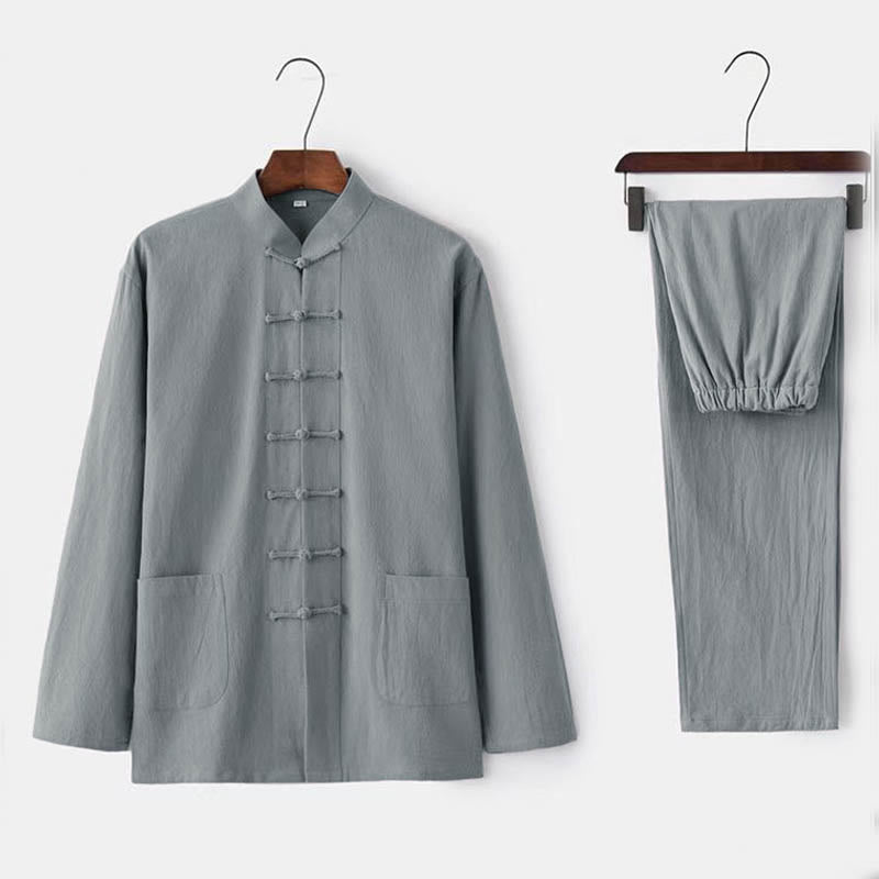 Ensemble pour homme 2 pièces Buddha Stones Tang : chemise à manches longues et pantalon, uniforme traditionnel à boutons griffés. - Gainsboro - US/UK/AU44，EU54 (5XL) - image 2