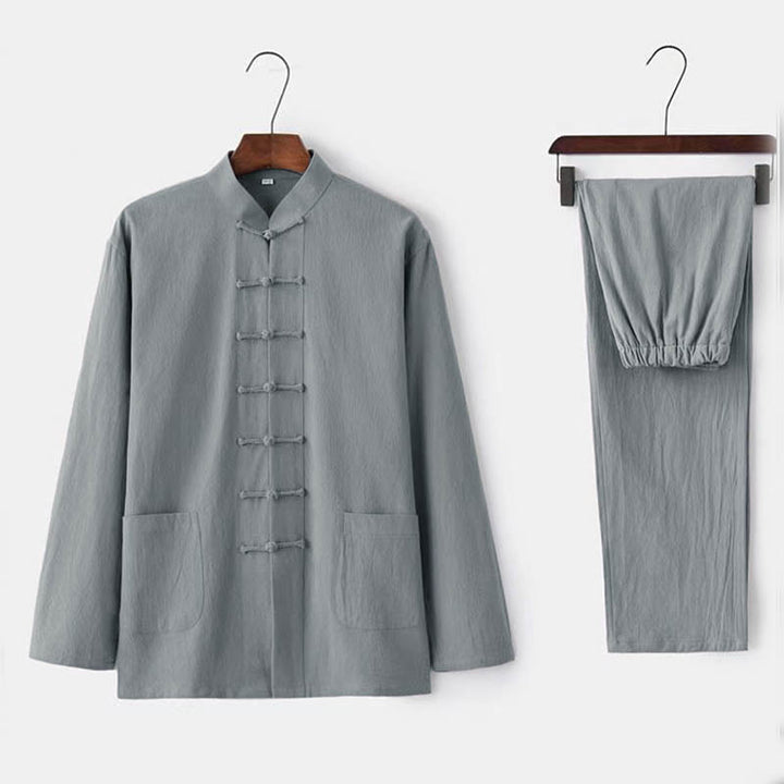 Ensemble pour homme 2 pièces Buddha Stones Tang : chemise à manches longues et pantalon, uniforme traditionnel à boutons griffés. - Gainsboro - US/UK/AU44，EU54 (5XL) - image 2