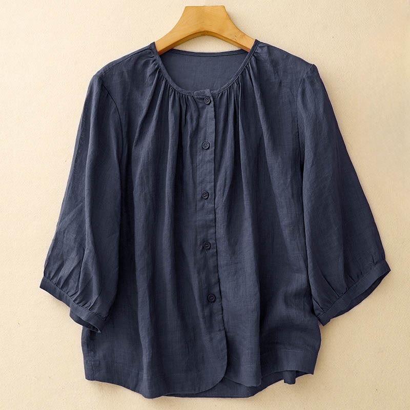 Chemise à manches trois-quarts pour femme, en mélange de matières, avec col rond et boutons, motif Buddha Stones - Marine - US12，UK/AU16，EU44 (2XL) - image 0