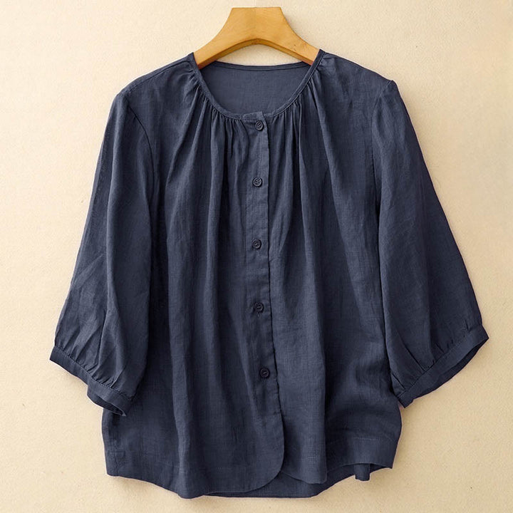 Chemise à manches trois-quarts pour femme, en mélange de matières, avec col rond et boutons, motif Buddha Stones - Marine - US12，UK/AU16，EU44 (2XL) - image 0