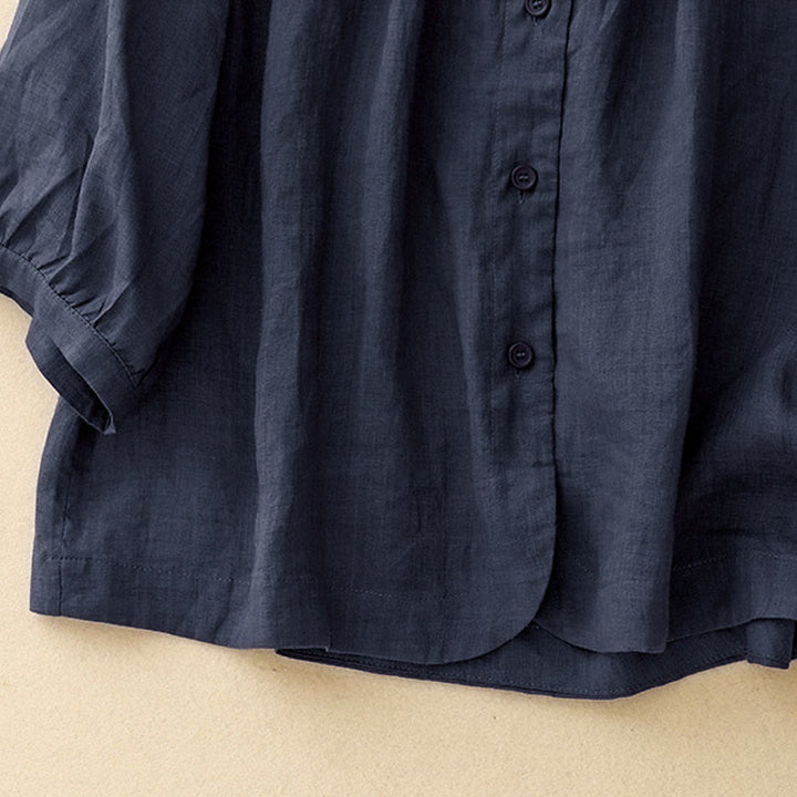 Chemise à manches trois-quarts pour femme, en mélange de matières, avec col rond et boutons, motif Buddha Stones - image 2