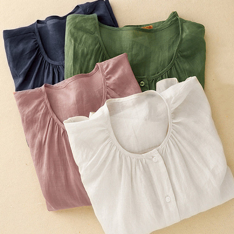 Chemise à manches trois-quarts pour femme, en mélange de matières, avec col rond et boutons, motif Buddha Stones - image 28