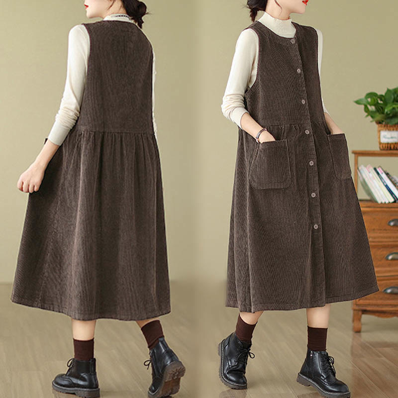 Robe midi sans manches en velours côtelé avec poches, ornée de boutons rétro et de motifs Buddha Stones. - image 3