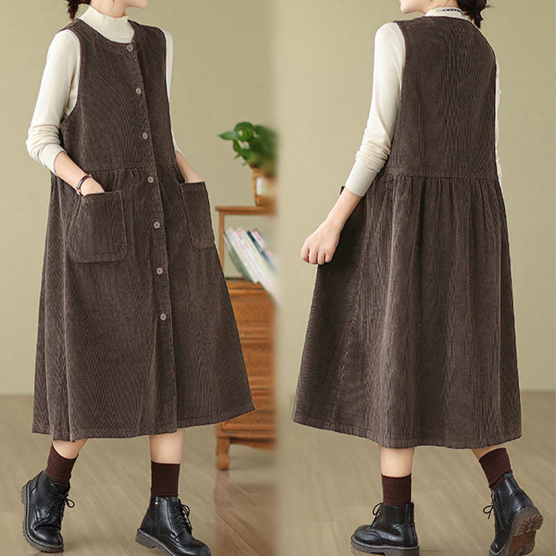 Robe midi sans manches en velours côtelé avec poches, ornée de boutons rétro et de motifs Buddha Stones. - image 4