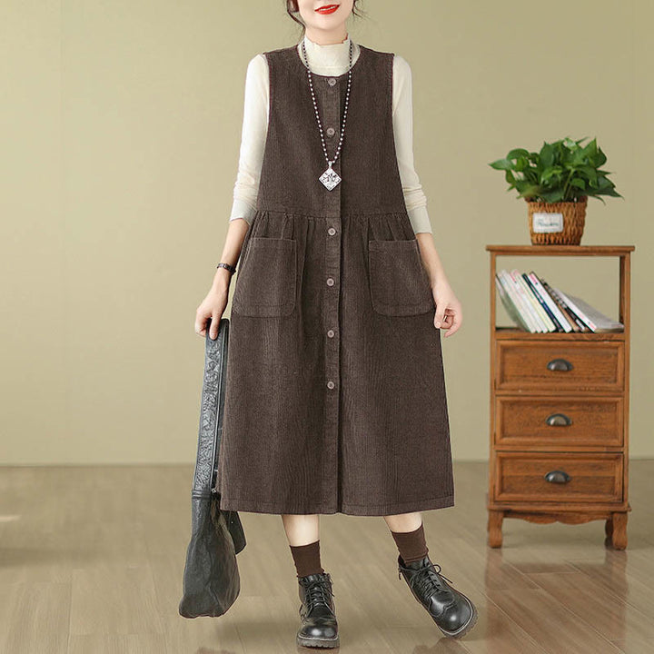 Robe midi sans manches en velours côtelé avec poches, ornée de boutons rétro et de motifs Buddha Stones. - SaddleBrown - US12，UK/AU16，EU44 (3XL) - image 0
