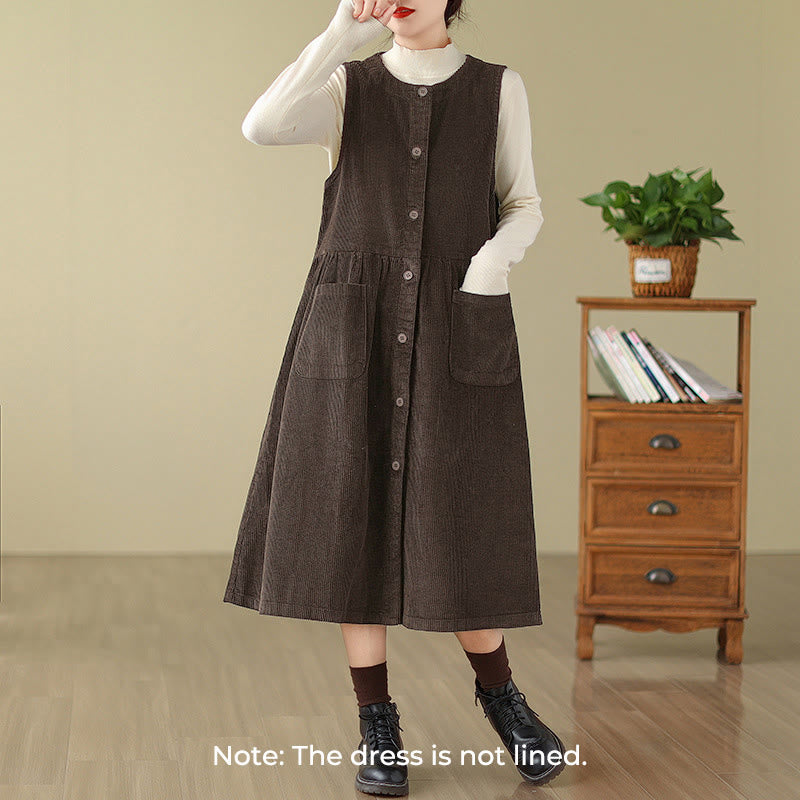 Robe midi sans manches en velours côtelé avec poches, ornée de boutons rétro et de motifs Buddha Stones. - image 1
