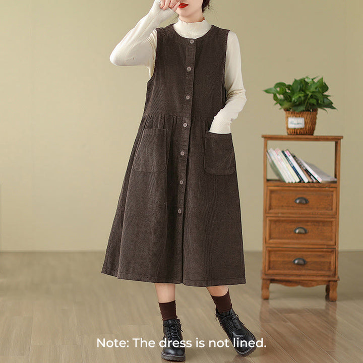 Robe midi sans manches en velours côtelé avec poches, ornée de boutons rétro et de motifs Buddha Stones. - image 1