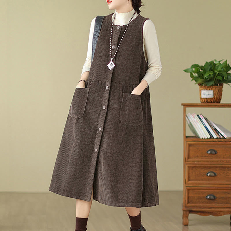 Robe midi sans manches en velours côtelé avec poches, ornée de boutons rétro et de motifs Buddha Stones. - image 2