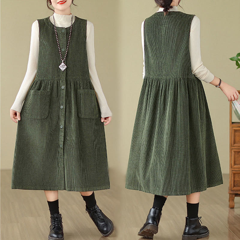 Robe midi sans manches en velours côtelé avec poches, ornée de boutons rétro et de motifs Buddha Stones. - image 9