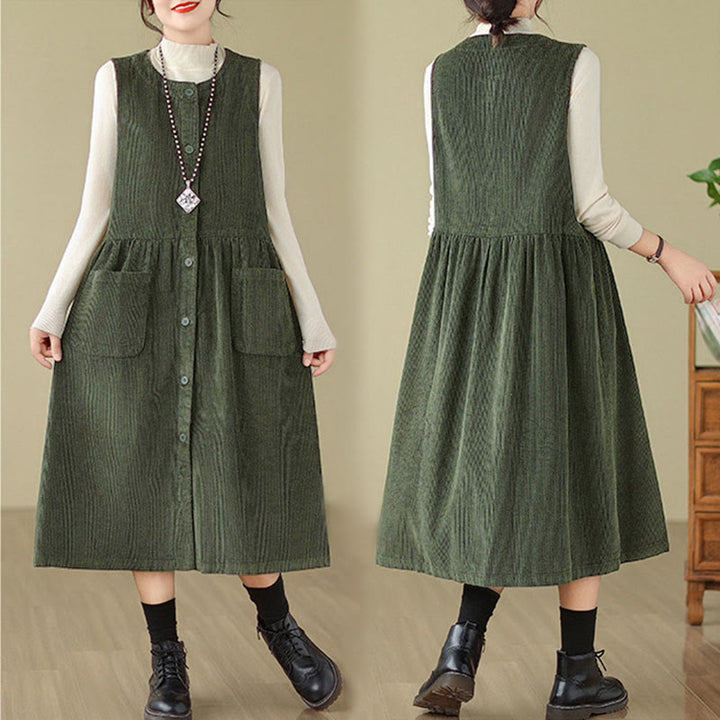 Robe midi sans manches en velours côtelé avec poches, ornée de boutons rétro et de motifs Buddha Stones. - image 9