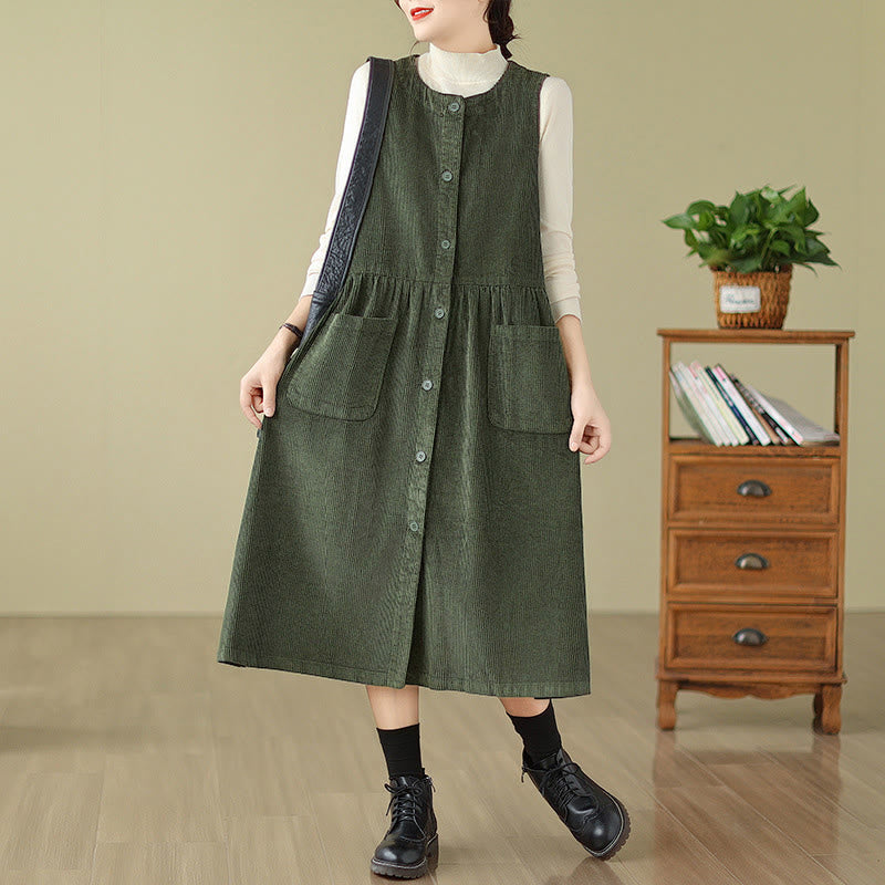 Robe midi sans manches en velours côtelé avec poches, ornée de boutons rétro et de motifs Buddha Stones. - Vert foncé - US12，UK/AU16，EU44 (3XL) - image 5