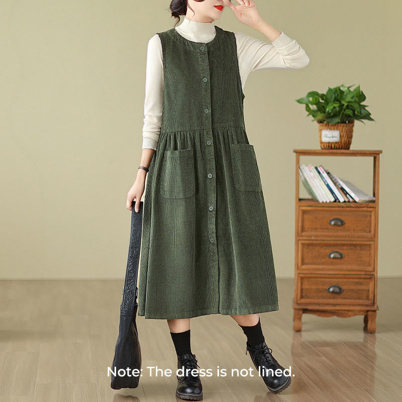 Robe midi sans manches en velours côtelé avec poches, ornée de boutons rétro et de motifs Buddha Stones. - image 6