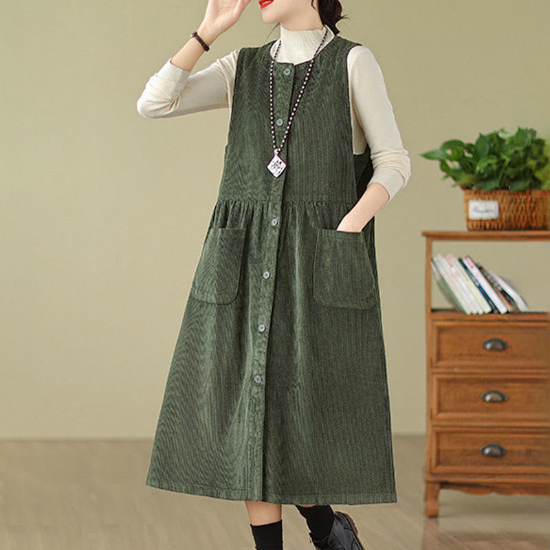 Robe midi sans manches en velours côtelé avec poches, ornée de boutons rétro et de motifs Buddha Stones. - image 7